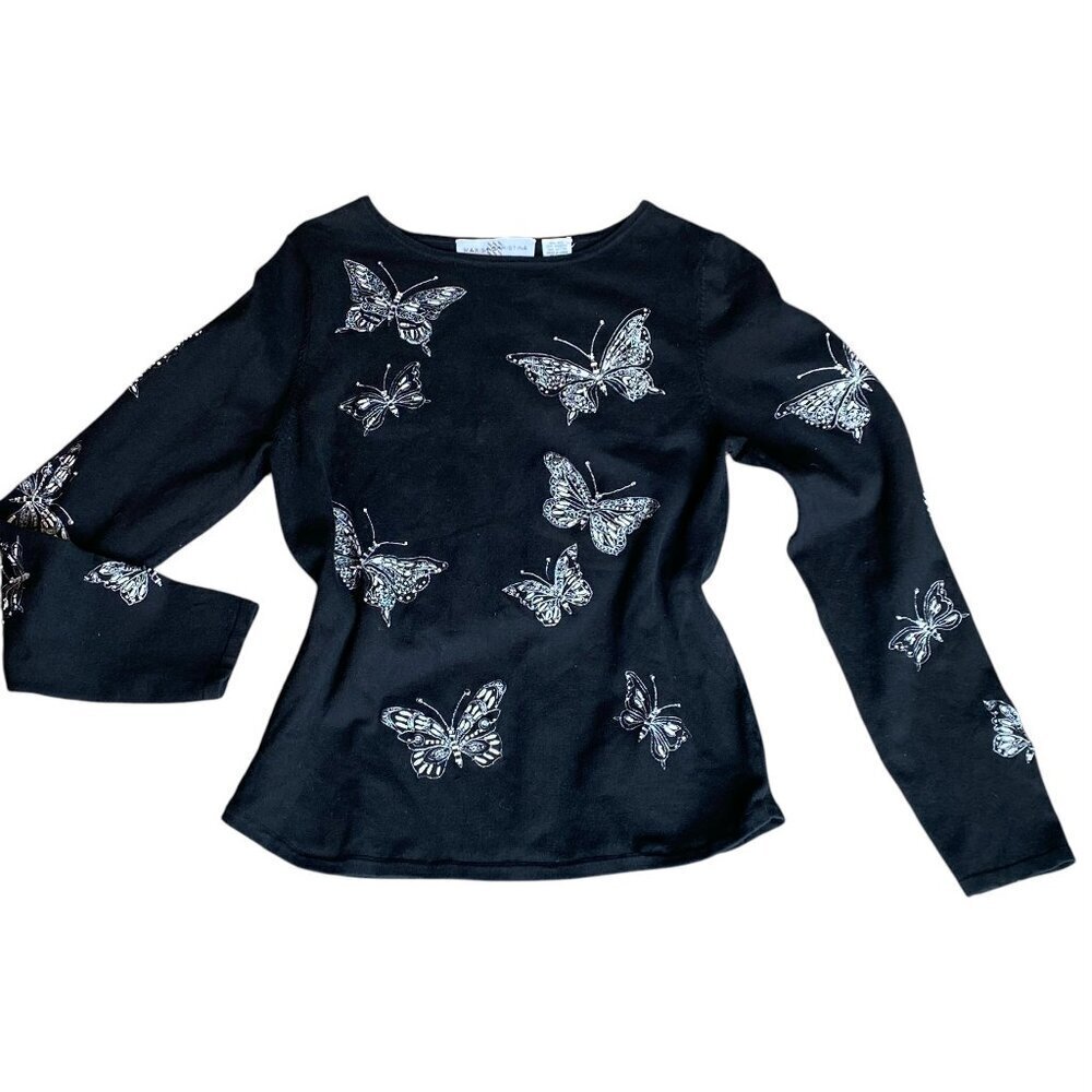 Marisa Christina Black Silk Blend Top Embroidered Beaded Butterfly Sz M‎ #355K
